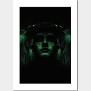 Portrait, digital collage, special processing. Dark, strong. Guy face looking up high. Fantasy. Green. Posters and Art